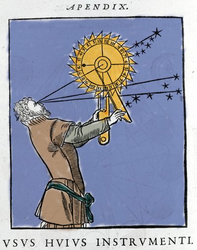 Disegno di Apianus (1539) Utilizzo di un dispositivo per calcolare il tempo in relazione alle stelle di notte. Cosmographia di Pietro Apiano, Parigi 1551. da Petrus Apianus