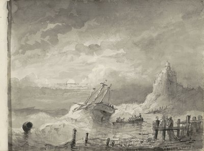 Nave in difficoltà davanti a una costa da Petrus Johannes Schotel (circle of)