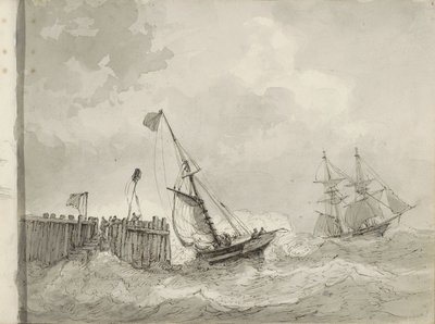 Due barche a vela presso un molo da Petrus Johannes Schotel (circle of)