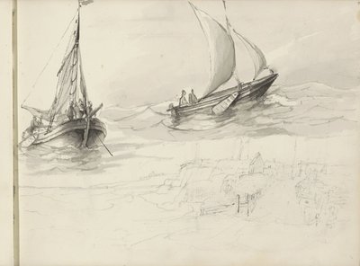 Due barche a vela con figure in mare da Petrus Johannes Schotel (circle of)