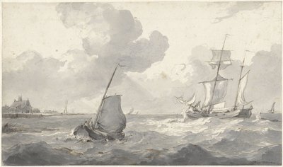 Due alberi e barca da pesca sulla costa da Petrus Johannes Schotel