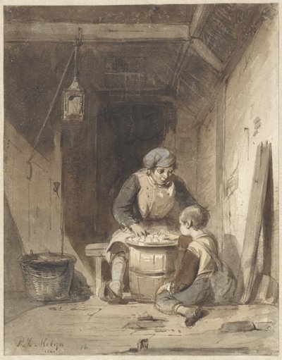 Uomo e ragazzo che mangiano in un fienile da Petrus Marius Molijn