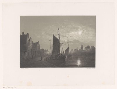 Barche a vela lungo un molo al chiaro di luna da Petrus Paulus Schiedges (I)