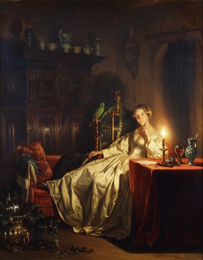 Interno illuminato da candele con una signora seduta a un tavolo da Petrus van Schendel