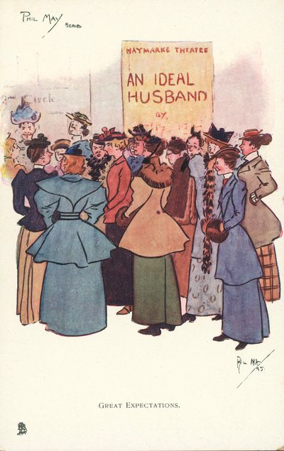Donne che si radunano fuori da un teatro per vedere una produzione di Un marito ideale da Phil May