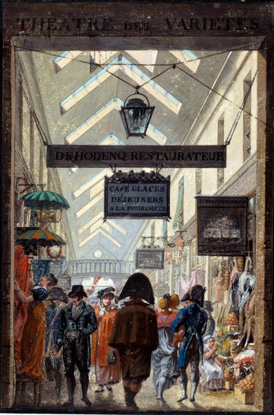 Le passage des Panoramas a Parigi Litografia attribuita a Louis Philibert Debucourt (1755-1832) XIX secolo Parigi, Museo Carnavalet da Philibert Louis Debucourt