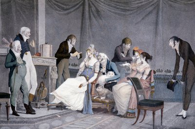 Le visite, scena con mobili in stile Direttorio ispirati agli Etruschi, Francia da Philibert Louis Debucourt