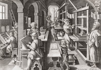 Una tipografia europea circa 1590 (incisione) da Philip (after) Galle