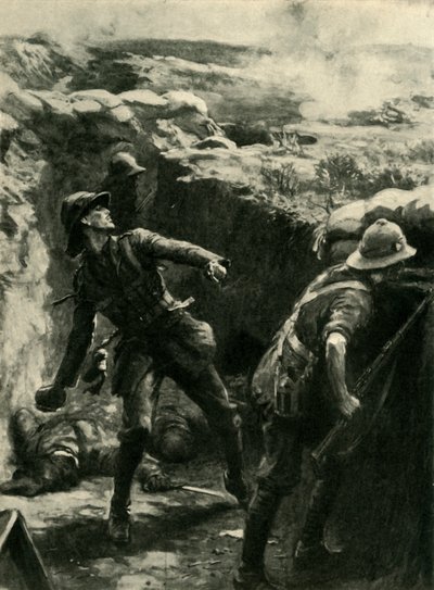 Il tenente Forshaw che lancia bombe continuamente, Gallipoli, Prima Guerra Mondiale, 1915, c1920 da Philip Dadd