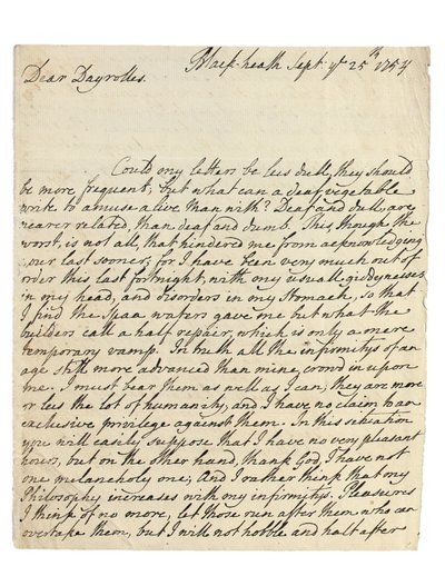Lettera autografa a Solomon Dayrolles, Blackheath, 25 settembre 1754 da Philip Dormer Stanhope Chesterfield