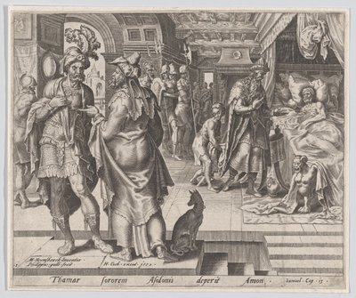 Jonadab consiglia Amnon, dalla Storia di Tamar e Amnon, tavola 1, 1559 da Philip Galle