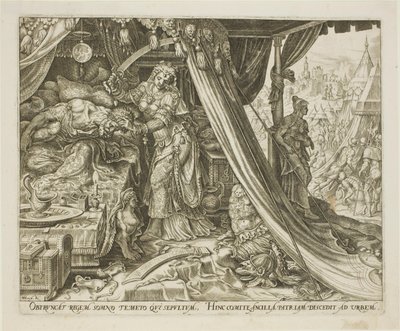 Giuditta che decapita Oloferne, tavola sei da La storia di Giuditta e Oloferne da Philip Galle