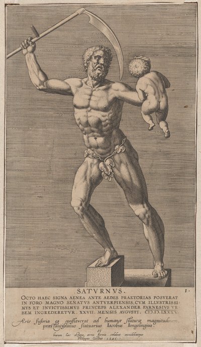 Piatto 1: Saturno, statua del dio nudo in piedi su un piedistallo, che tiene una falce nella mano destra, 1586 da Philip Galle