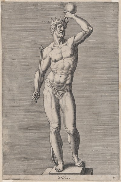 Apollo, statua del dio nudo in piedi su un piedistallo, con una corona e tenendo un... da Philip Galle