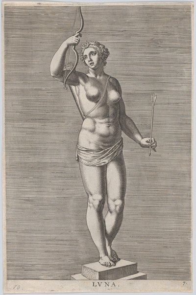 Piatto 7: Diana, statua della dea nuda in piedi su un piedistallo, con una luna crescente, 1586 da Philip Galle