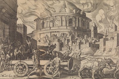 I Caldei che portano via le colonne del Tempio di Gerusalemme, dai Disastri di... da Philip Galle