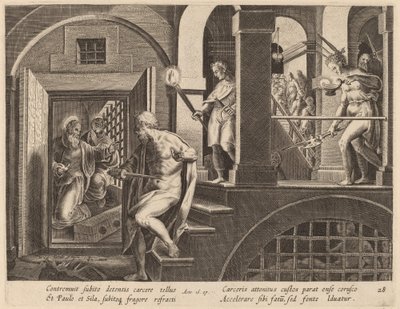 Il carceriere sta per uccidersi, convertito da San Paolo da Philip Galle after Jan van der Straet