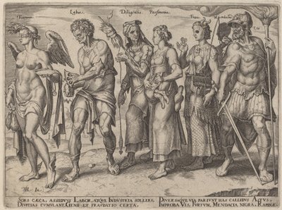Fortuna, Labor, Diligantia, Parsimonia, Fraus (Modi onesti e disonesti di diventare ricchi) da Philip Galle, after Maerten van Heemskerck