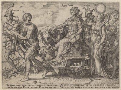 Periculum, Pauor, Latrocinium, Regina Pecunia, Stultitia, Invidia da Philip Galle, after Maerten van Heemskerck