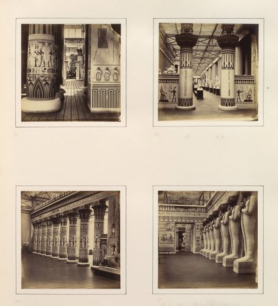 Vista attraverso la corte egizia, vista attraverso colonne egizie in scultura classica, ca. 1859 da Philip Henry Delamotte.