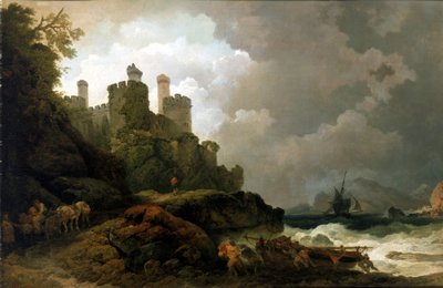 Una barca da pesca tirata a riva, vicino al castello di Conwy (Galles) da Philip James de (1740 1812) Loutherbourg