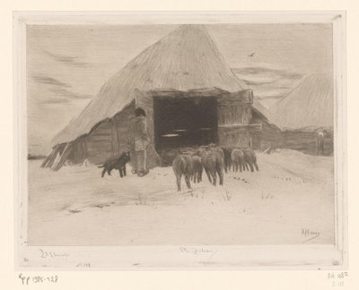Herder leidt een kudde schapen een schuur in da Philip Zilcken (signed by artist)