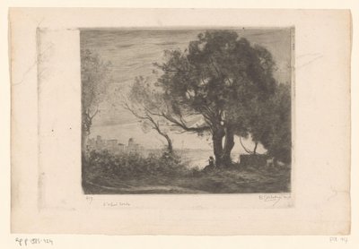 Paesaggio con flautista sotto un albero e silhouette di una città da Philip Zilcken (signed by artist)