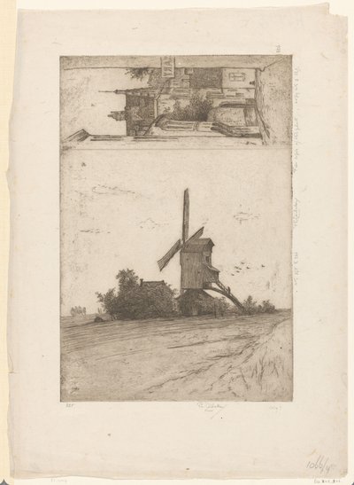 Mulino in paesaggio di campagna e vista sulla Rue Ravenstein a Bruxelles da Philip Zilcken (signed by artist)