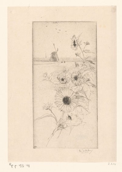 Girasoli davanti a un paesaggio di campagna con cavalli e mulino da Philip Zilcken (signed by artist)