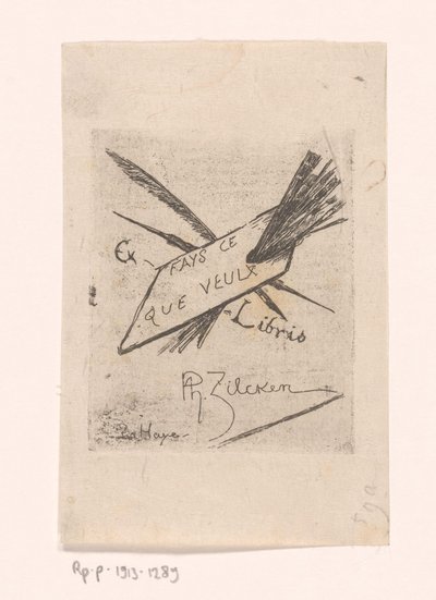 Ex libris con penne, pennelli e tavolozza da Philip Zilcken