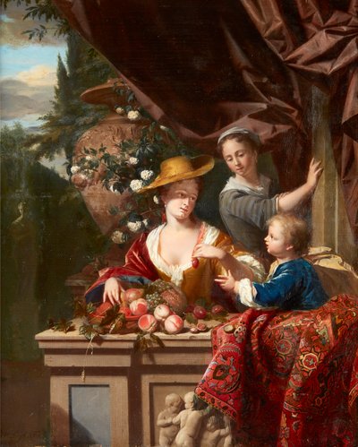 Figure eleganti su una terrazza con ciotola di frutta assortita da Philip van Dyck