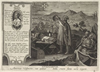Amerigo Vespucci trova la costellazione della Croce del Sud con un astrolabio Americae Retectio da Philipp Galle