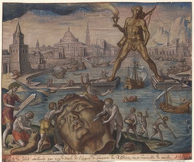 Il colosso di Rodi (dalla serie delle sette meraviglie del mondo). Dopo Maarten van Heemskerck da Philipp Galle