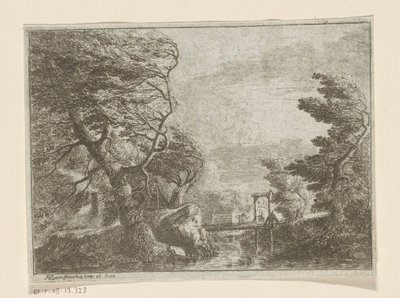 Paesaggio tempestoso con alberi vicino a un ponte su un fiume da Philipp Hieronymus Brinckmann