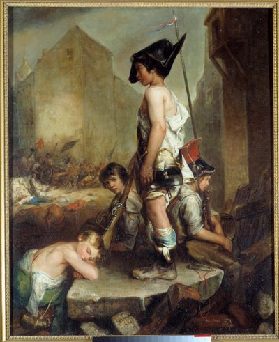 Rivoluzione di Luglio: "Les Trois Glorieuses: les petits patriotes". Giovani insorti sulle barricate a Parigi. da Philippe Auguste Jeanron