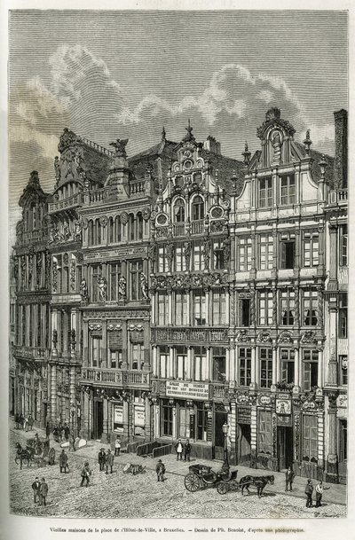 Vecchie case nella piazza del municipio a Bruxelles. Incisione di Ph. Benoist, per illustrare la storia del Belgio di Camille Lemonnier, pubblicata in Le tour du monde, sotto la direzione di Edouard Charton (1807-1890), Parigi da Philippe Benoist