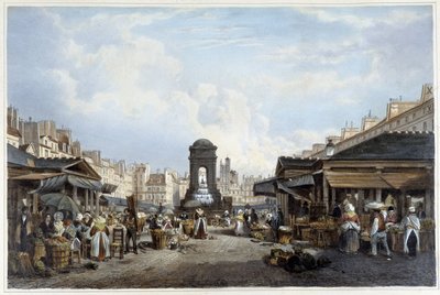 La passeggiata intorno alla fontana degli innocenti, ca. 1840 - in "Promenade dans Paris et ses environs", ill. di Jacottet e Benoist, Parigi, v.1840 da Philippe Benoist