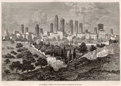 Veduta di San Gimignano (Toscana, Italia). Incisione dal disegno di Ph. Benoist, per illustrare il viaggio in Toscana e Umbria, di Francis Wey, nel 1875, pubblicato in "Le tour du monde" 1876, a cura di Edouard Charton, edizione Hachette, Parigi. Selva da Philippe Benoist