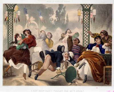 Il casinò di Asnières È ben fatto non doveva andare lì Scena di intrattenimento popolare, un uomo inciampa in uno sgabello e cade in mezzo alla pista da ballo. Litografia di Philippe Jacques Linder (1835-?) da Philippe Jacques Linder