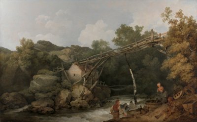 Una vista vicino a Matlock, Derbyshire con figure che lavorano sotto un trasportatore di legno da Philippe Jacques de Loutherbourg