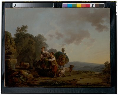 Viaggiatori con cani e muli carichi a un pozzo da Philippe Jacques de Loutherbourg