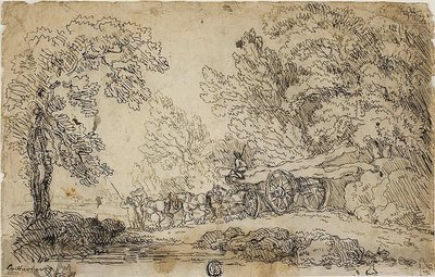 Trasporto di tronchi in una foresta (recto); schizzi di persone in varie attività (verso) da Philippe Jacques de Loutherbourg II
