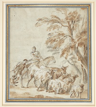 Pastori con mucche e pecore. A sinistra un pastore con un bastone, accanto a lui un pastore a cavallo. A destra alberi da Philippe Louis Parizeau