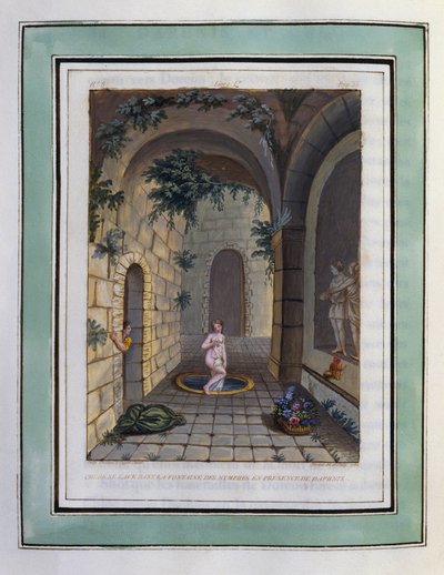 Chloe si lava nella fontana delle ninfe in presenza di Daphnis. Disegno di Philippe d