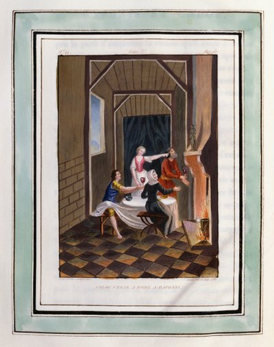 Chloe versa da bere a Daphnis. Disegno di Philippe d