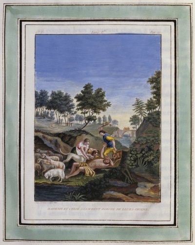 Dafni e Cloe liberano Dorcon dai loro cani. Disegno di Philippe d