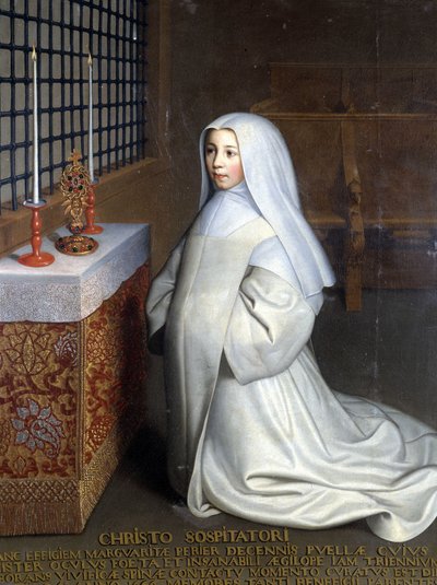 Ritratto di Marguerite Périer, reclusa del convento di Port Royal des Champs e nipote di Pascal ("A Cristo Salvatore: Marguerite Périer, una bambina di 10 anni il cui occhio sinistro è stato guarito a contatto con la spina rinvigorente") da Philippe de (attr. to) Champaigne