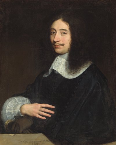 Ritratto di un gentiluomo, tradizionalmente identificato come Noël de Bullion, mezzo busto, in nero con colletto e manica di pizzo, i suoi guanti nella mano sinistra, 1656 da Philippe de Champaigne