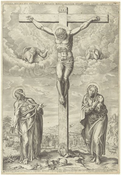 Cristo sulla croce affiancato da Maria e Giovanni in un paesaggio da Philippe de Soye