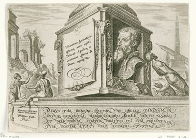 Ritratto di Maarten van Heemskerck sul piedistallo di una colonna da Philips Galle